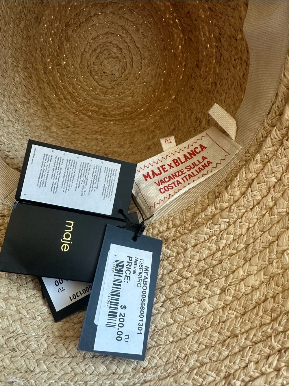 NWT Maje x Blanca Miró Raffia Hat With Printed Ribbon